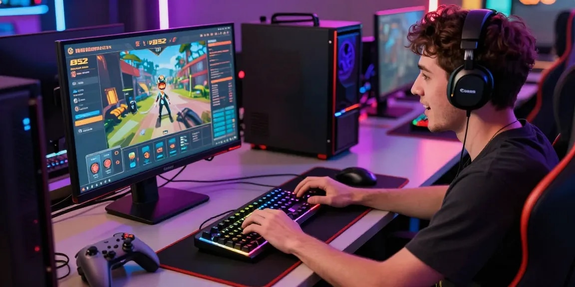 Exciting moment of b52 đăng nhập at a vibrant online gaming setup with a player, laptop, and gaming accessories.