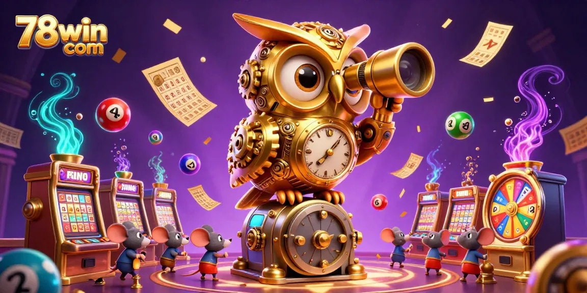 Play vibrant games on 78win com with a golden owl overseeing an immersive casino scene filled with excitement.