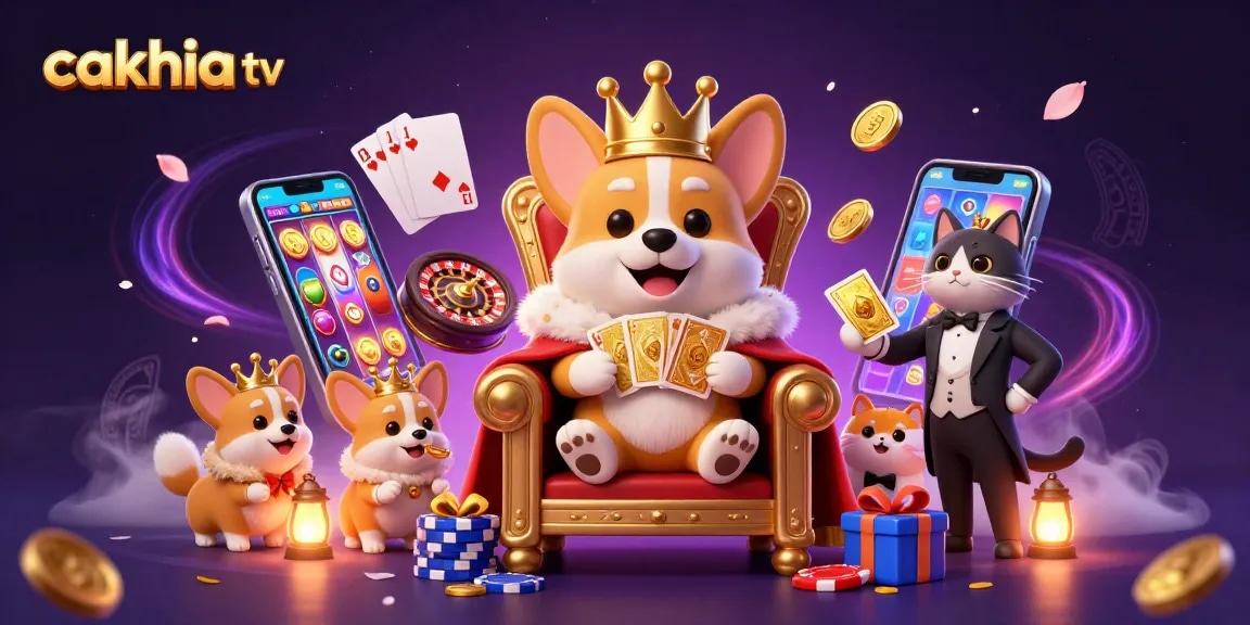 Cakhia TV's exclusive gaming scene with a royal corgi and dynamic casino elements for an engaging experience.