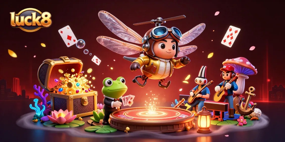Experience luck8's thrilling gaming atmosphere with a cartoon dragonfly pilot, frog dealer, and jazz musicians.