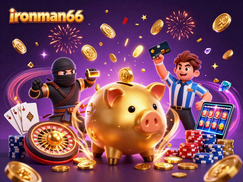 ironman66 showcases a dynamic gaming scene with a golden piggy bank sumo wrestler, wallet-ninja, and credit-card samurai.