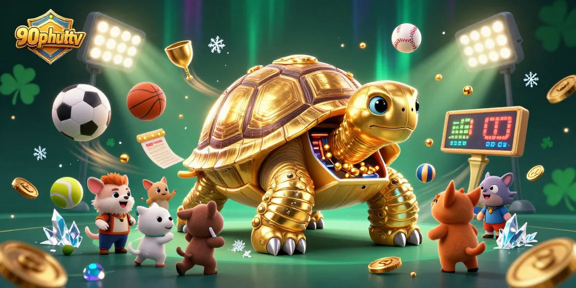 Engage with exciting sports betting on 90phuttv, featuring dazzling trophies and dynamic sports balls.
