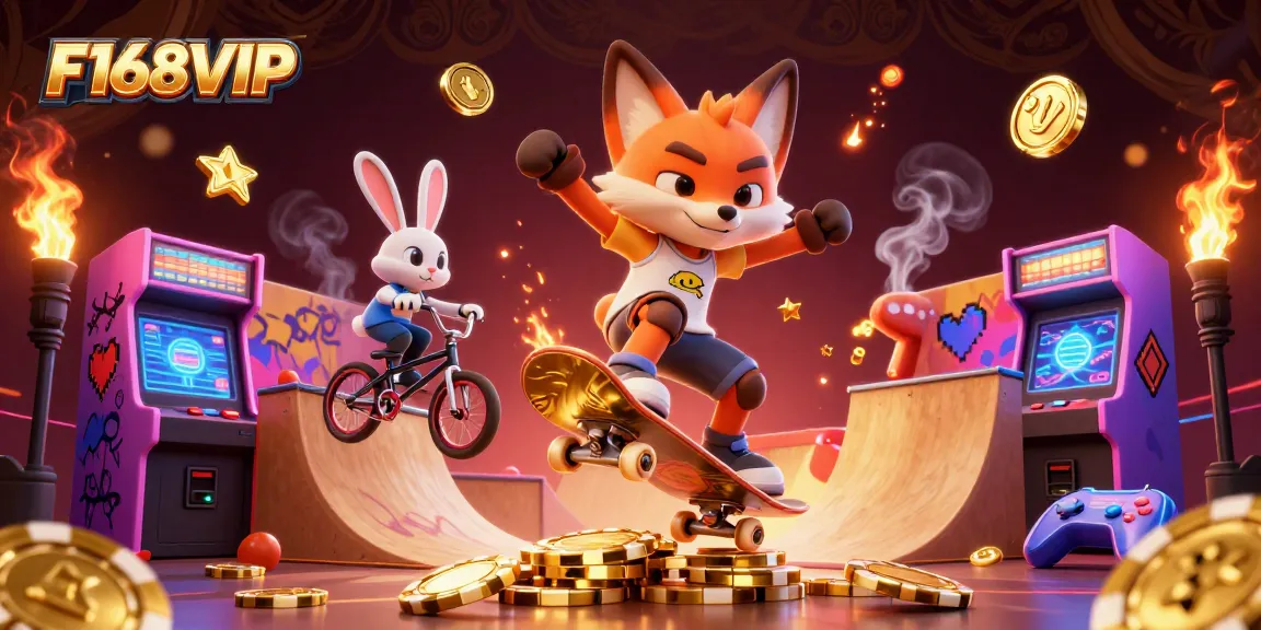 Experience thrilling gameplay at F168VIP with a lively scene of gaming characters performing tricks in a vibrant casino setting.