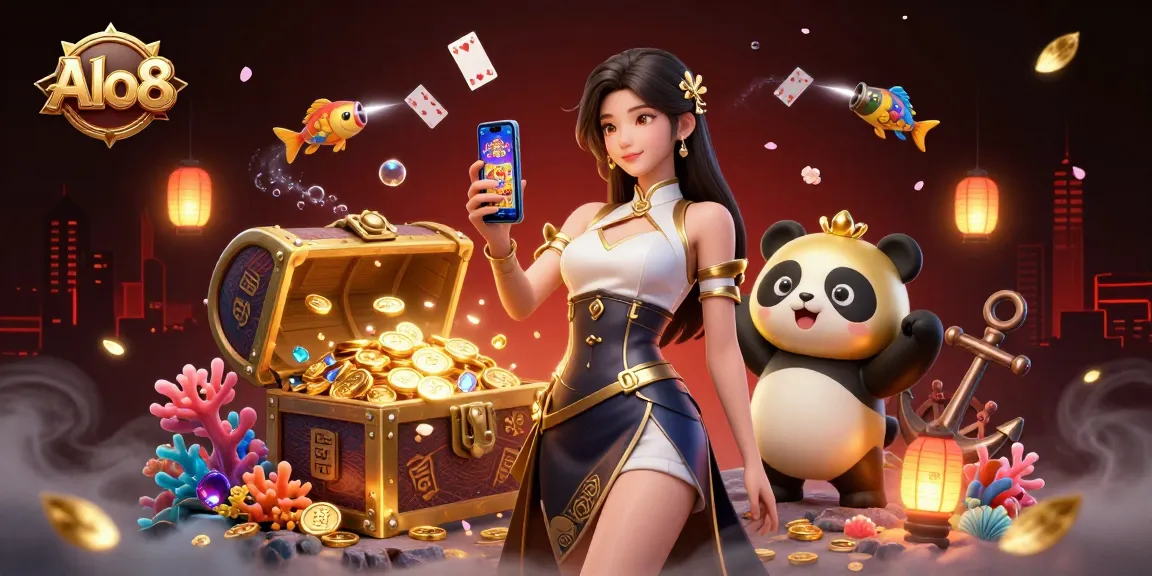 Alo8 platform showcasing a vibrant 3D scene of a woman with a smartphone and a golden panda, celebrating the thrill of online casino gaming.
