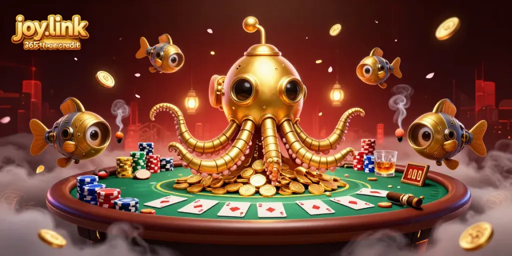 Experience joy.link new 365 free credit with engaging gameplay featuring a kraken and poker elements.