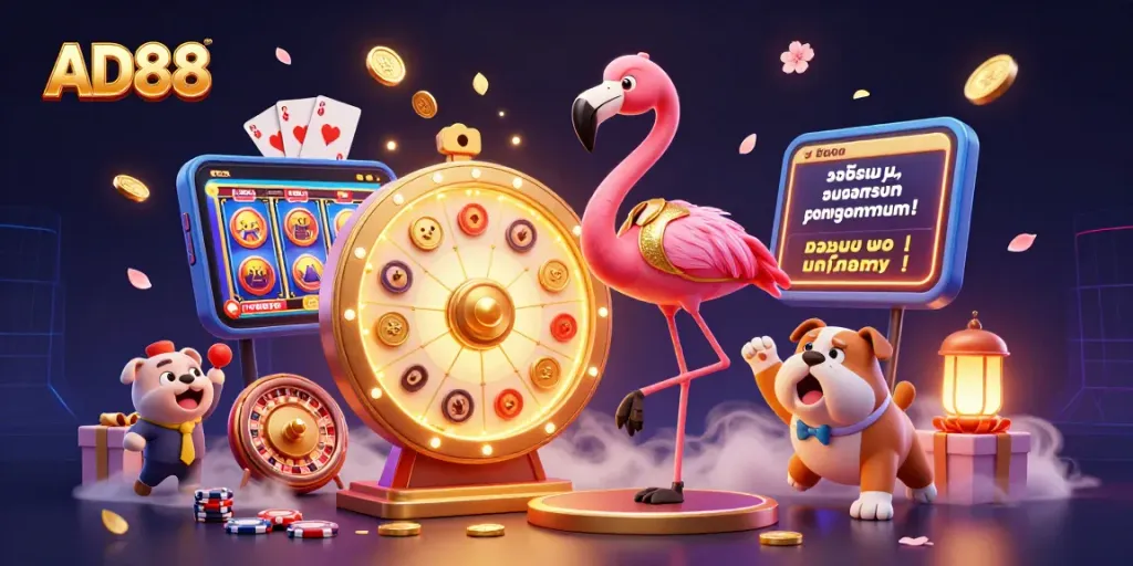 Engage with exciting games at AD88, featuring a dynamic casino scene with prizes and playful characters.