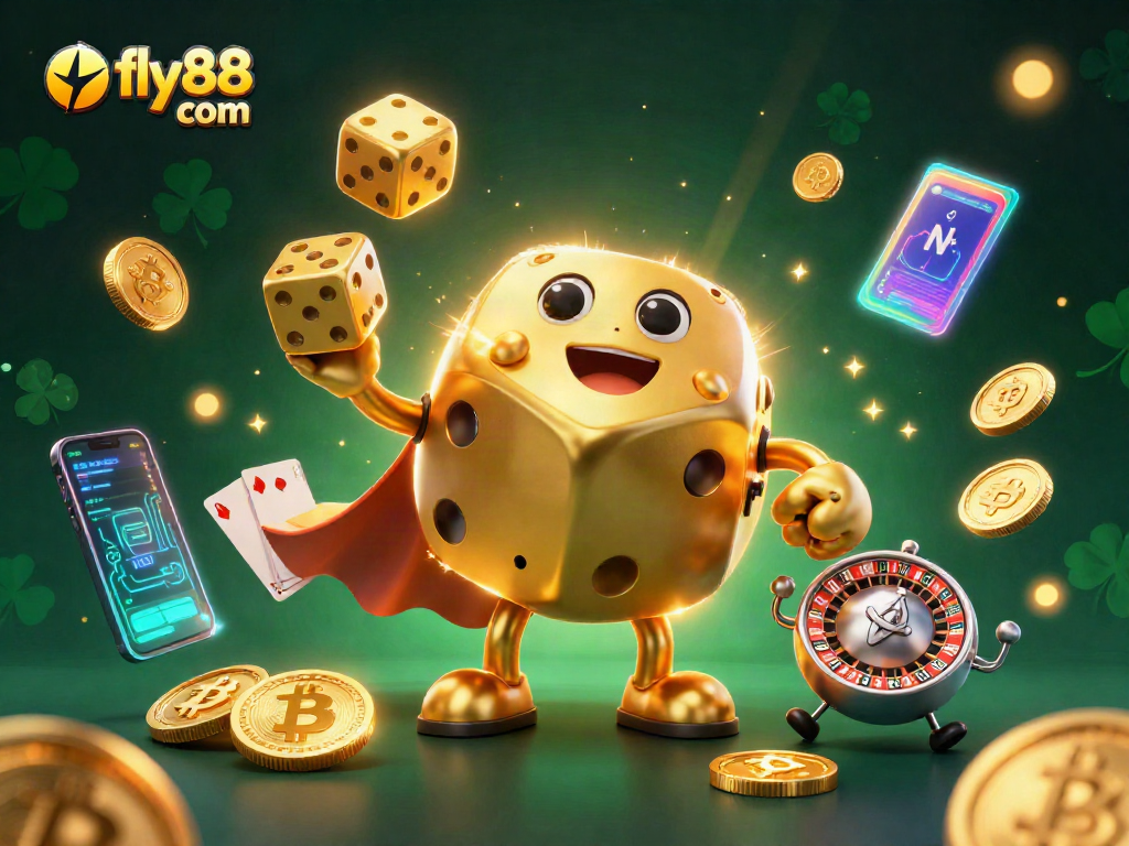 Engage with fly88 com's vibrant casino scene featuring golden dice and crypto elements.