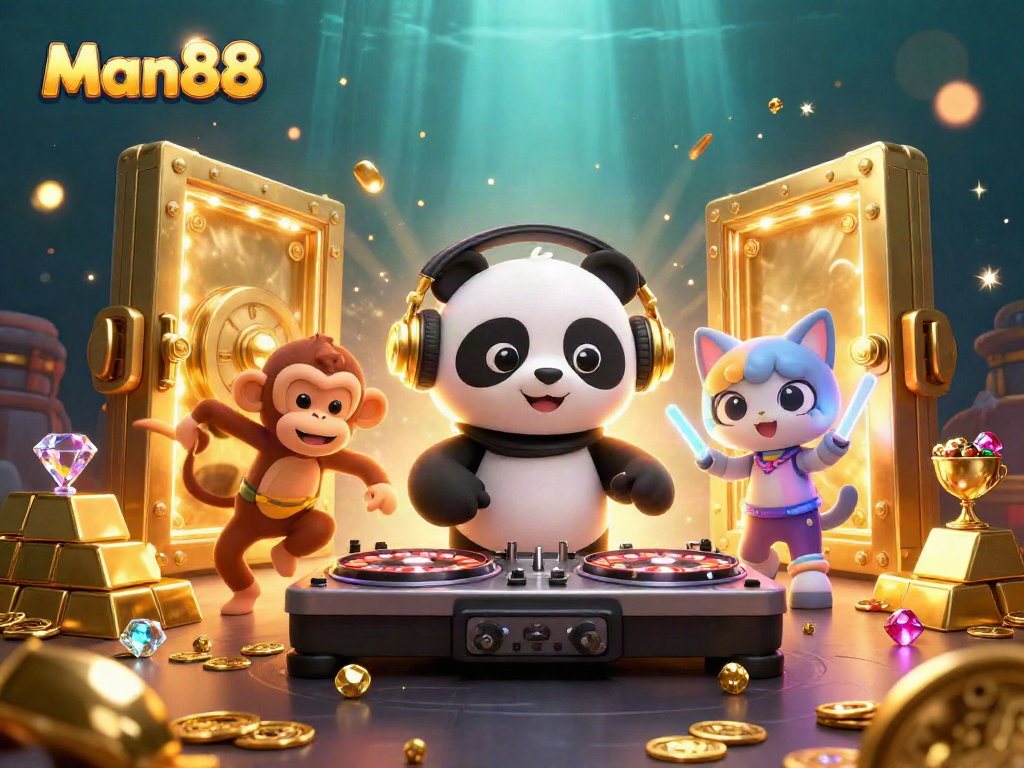 Join the fun at Man88 with vibrant characters and sparkling treasures in a lively casino scene.