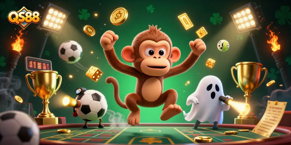 Experience thrilling gaming at QS88 with a playful ghost monkey juggling golden coins in a haunted casino.