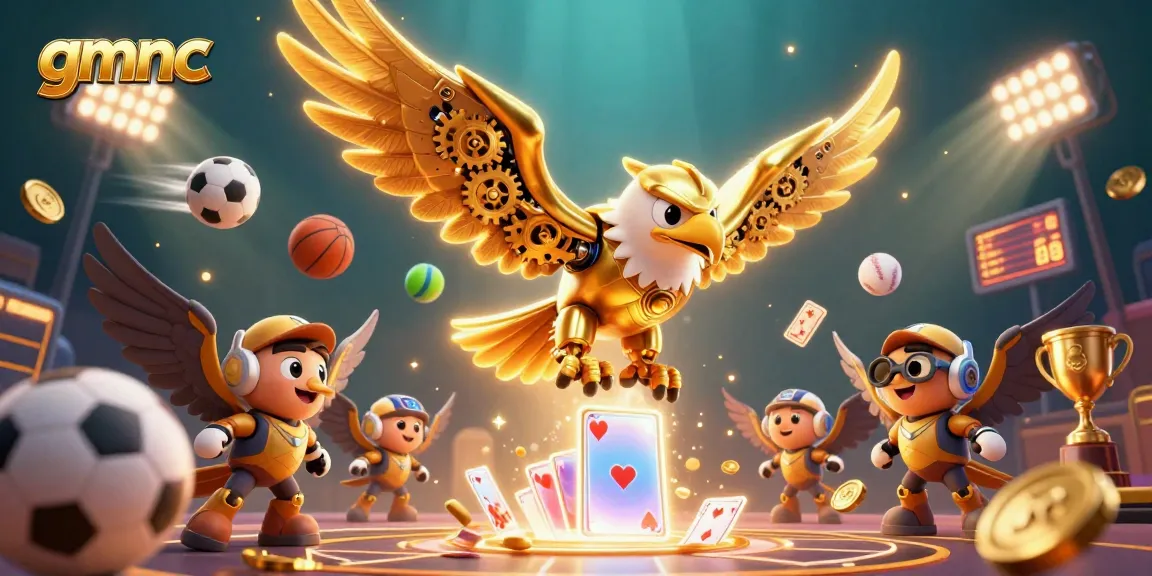 Dynamic scene showcasing the gmnc cybernetic eagle diving through holographic cards while sports elements enhance excitement.