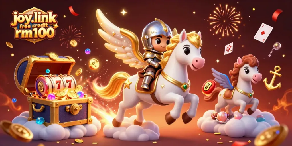 Experience thrill with joy.link free credit rm100 as a knight rides a celestial horse amidst vibrant casino symbols.