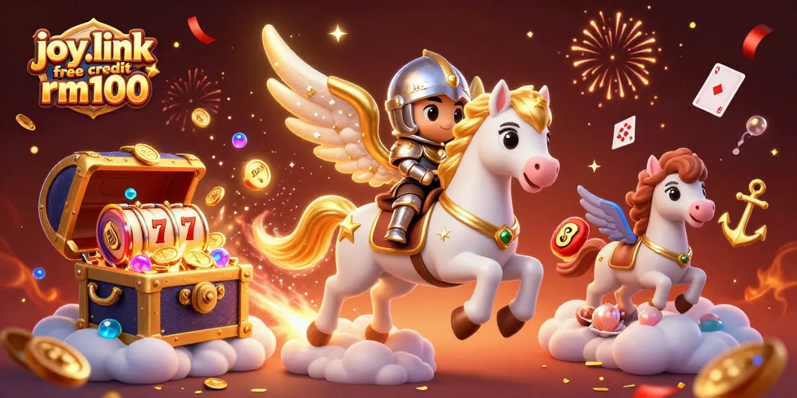 Experience thrill with joy.link free credit rm100 as a knight rides a celestial horse amidst vibrant casino symbols.