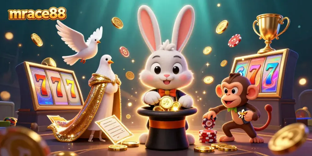 Experience the magic of mrace88 with cartoon characters and gaming elements in a vibrant casino scene.