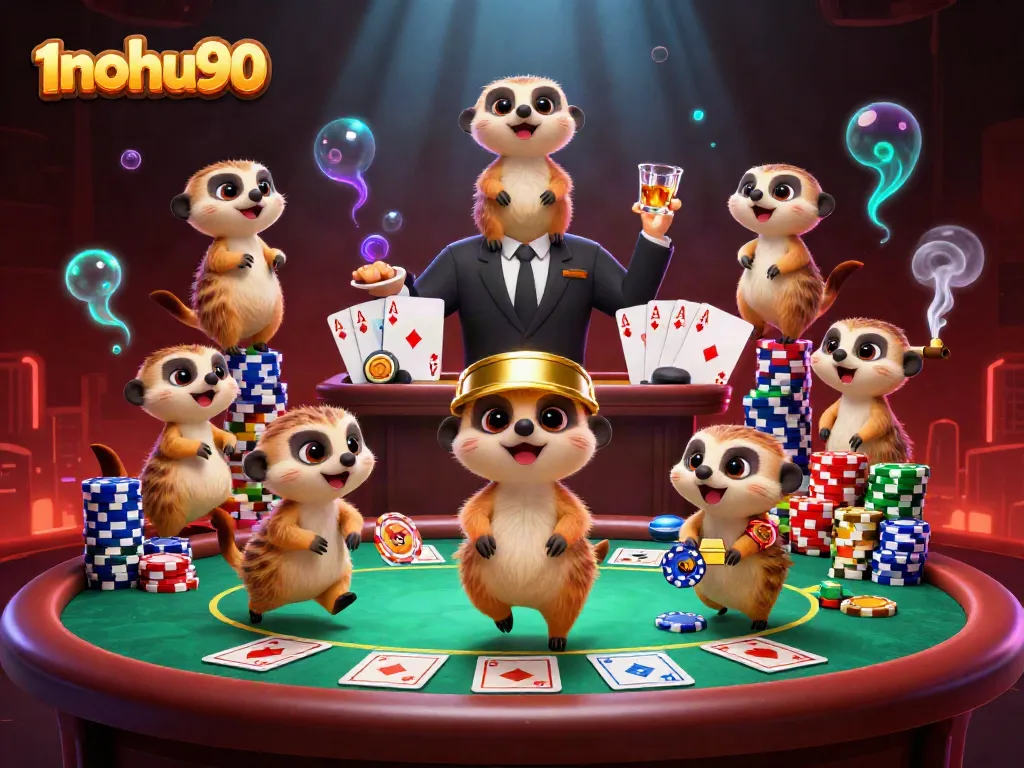 Immerse in the world of 1nohu90 as meerkats orchestrate a vibrant casino scene with poker excitement.