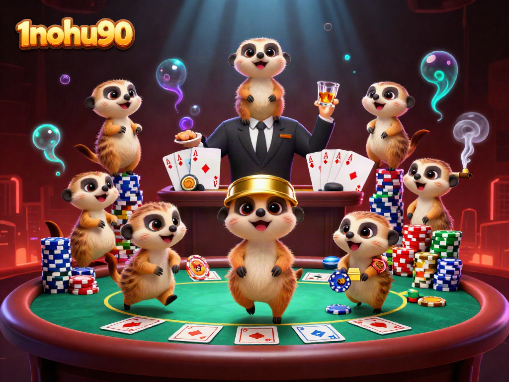 Immerse in the world of 1nohu90 as meerkats orchestrate a vibrant casino scene with poker excitement.
