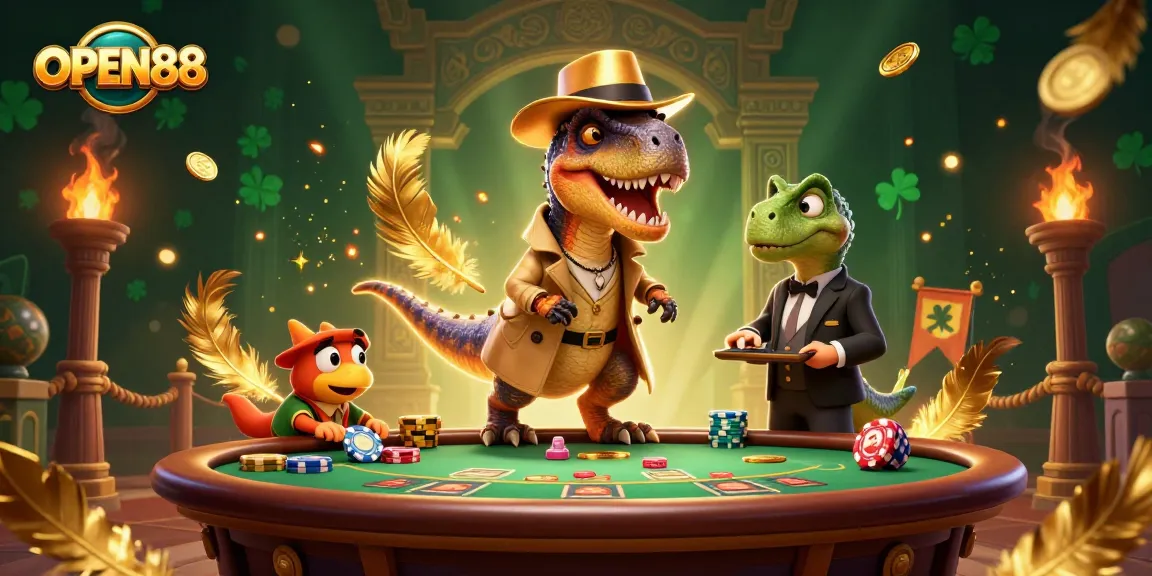 OPEN88 casino scene featuring cartoon dinosaur characters at a blackjack table, with chips and vibrant elements.