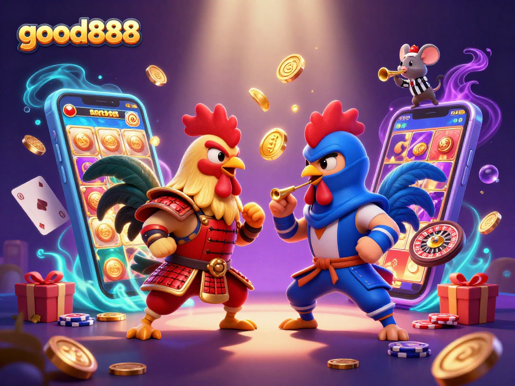 Engage with good888 casino gaming as roosters battle amidst vibrant slot games and colorful elements.