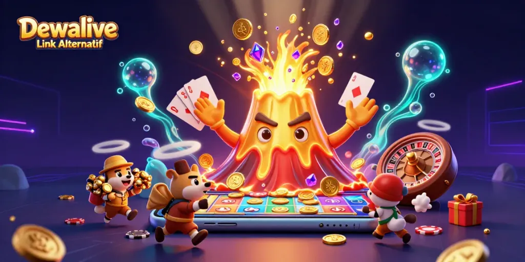 Experience thrilling gameplay with Dewalive Link Alternatif as a golden volcano erupts coins and treasures.