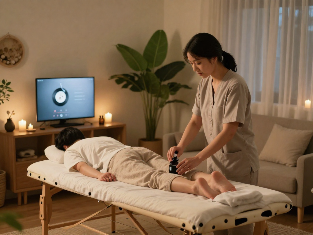 Experience premium 출장안마 in a tranquil home setting with a therapist preparing for a relaxing massage.