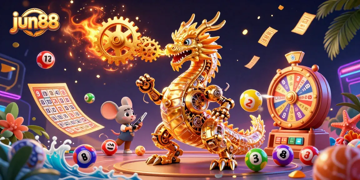 Experience exciting gaming at jun88 with a vibrant 3D illustration of a golden dragon and colorful lottery elements.