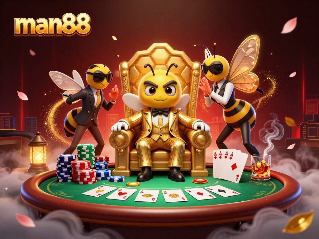 Experience the thrill of man88 with vibrant casino action featuring a bumblebee mob boss and poker elements.