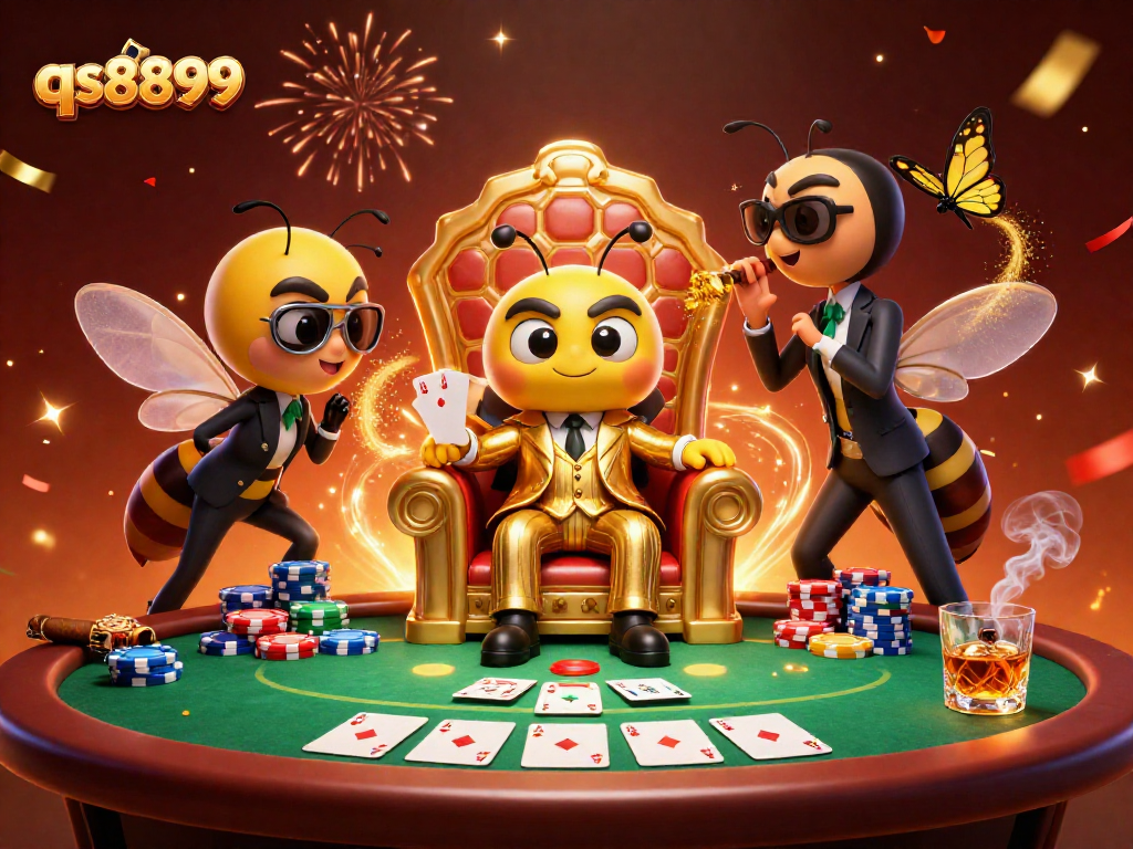Experience the excitement of qs8899 with a colorful casino scene featuring cartoon characters and poker elements.