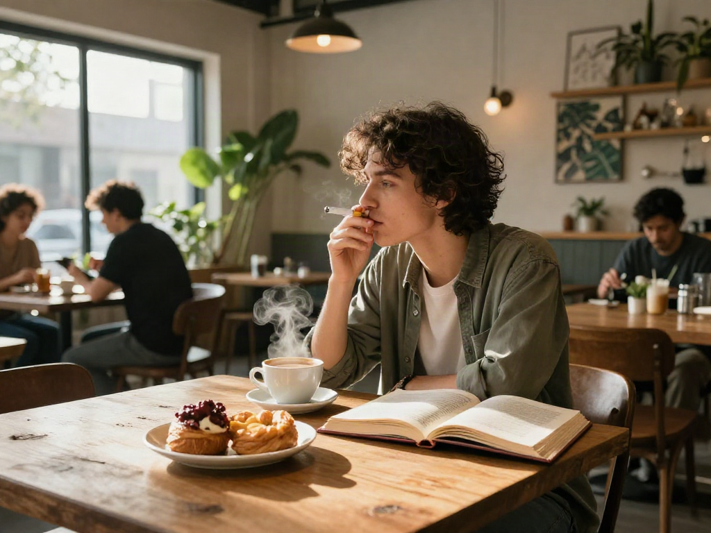 Enjoying rokok88 lifestyle at a modern café with pastries and coffee.