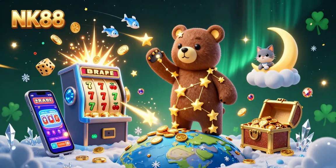 Experience the vibrant world of NK88 with exciting games and bonuses in a colorful casino illustration.