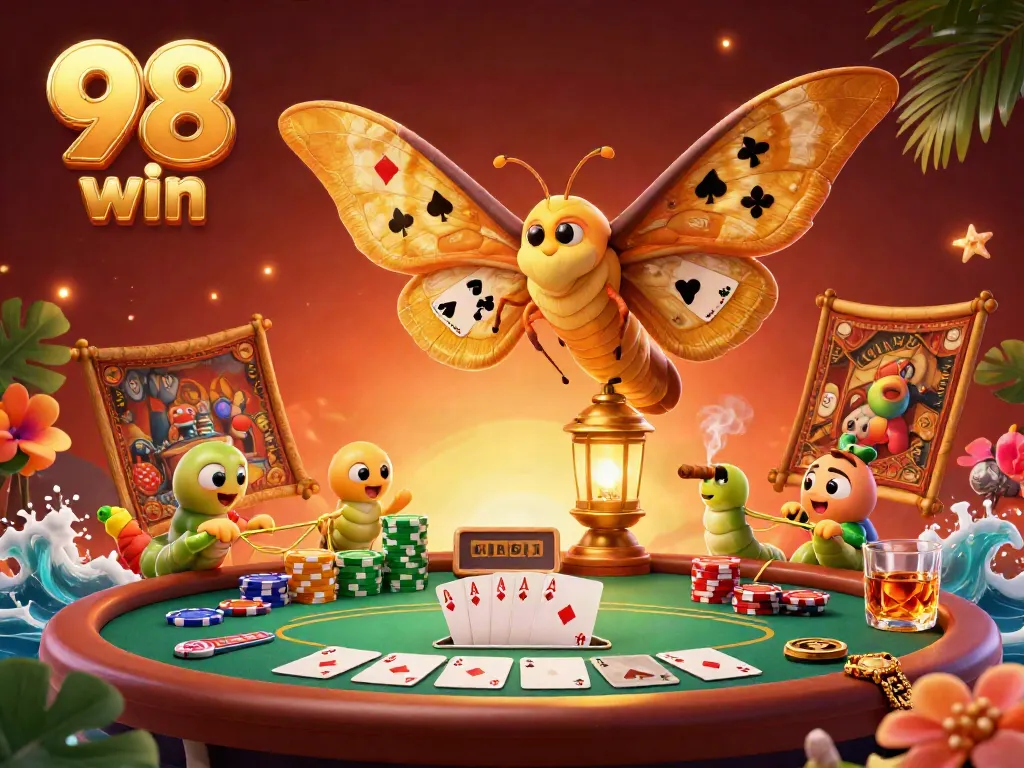 Engage in thrilling action at 98 win with a vibrant casino scene featuring poker elements and golden butterfly.