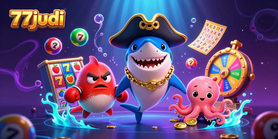 Join the excitement at 77judi with a vibrant scene showcasing animated characters and thrilling gameplay elements.