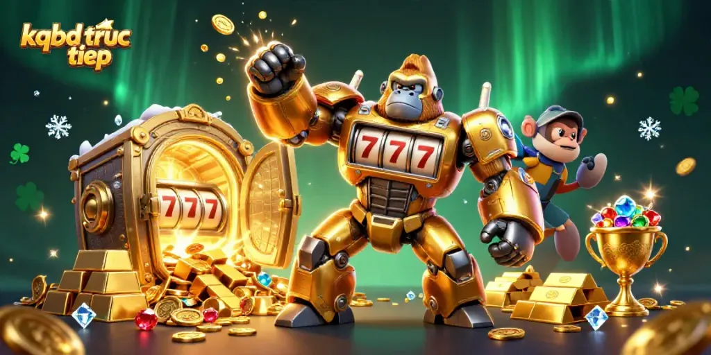 Experience kqbd truc tiep with dynamic golden gorilla mech in an explosive casino scene.