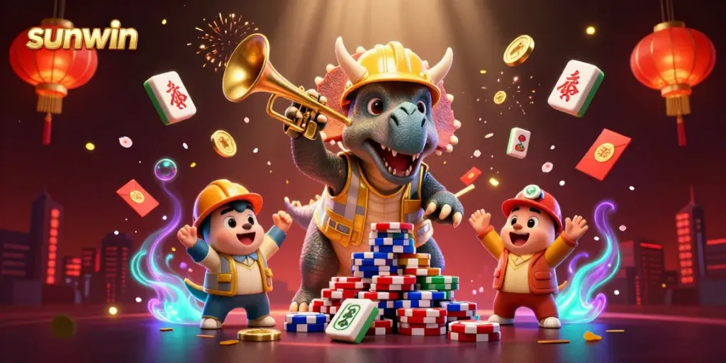 Engage with sunwin as a vibrant online casino scene featuring a triceratops building poker chip towers.
