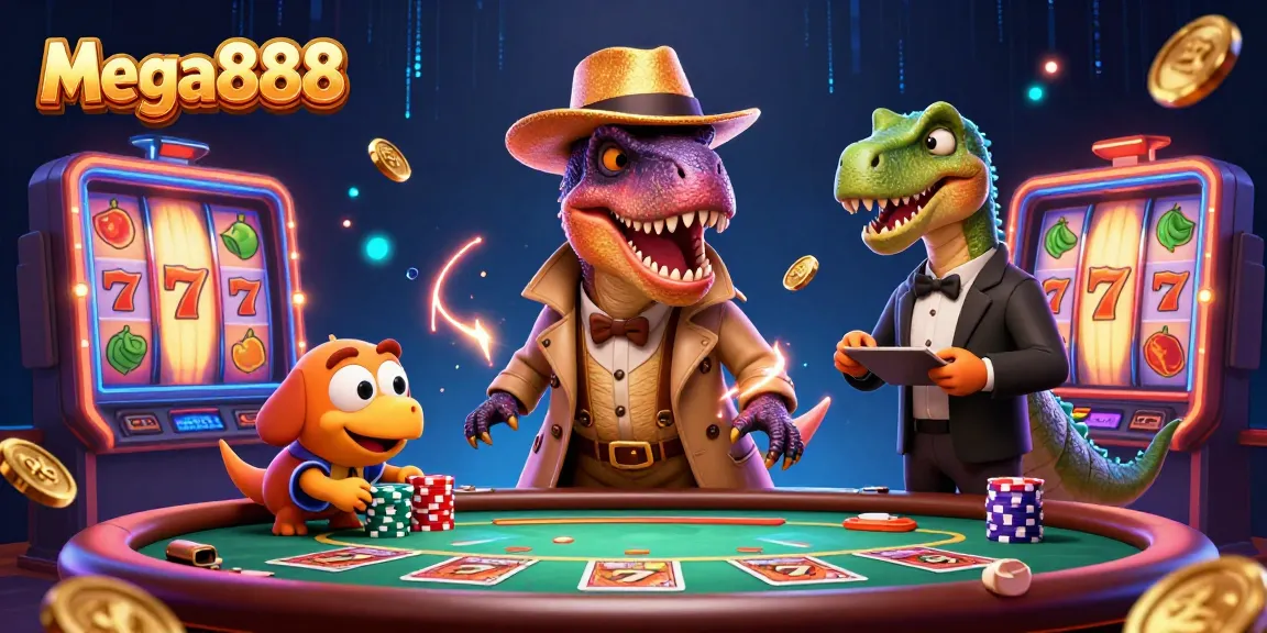 Mega888 menampilkan raptor klasik menyamar di meja blackjack, dikelilingi slot dan elemen kasino.