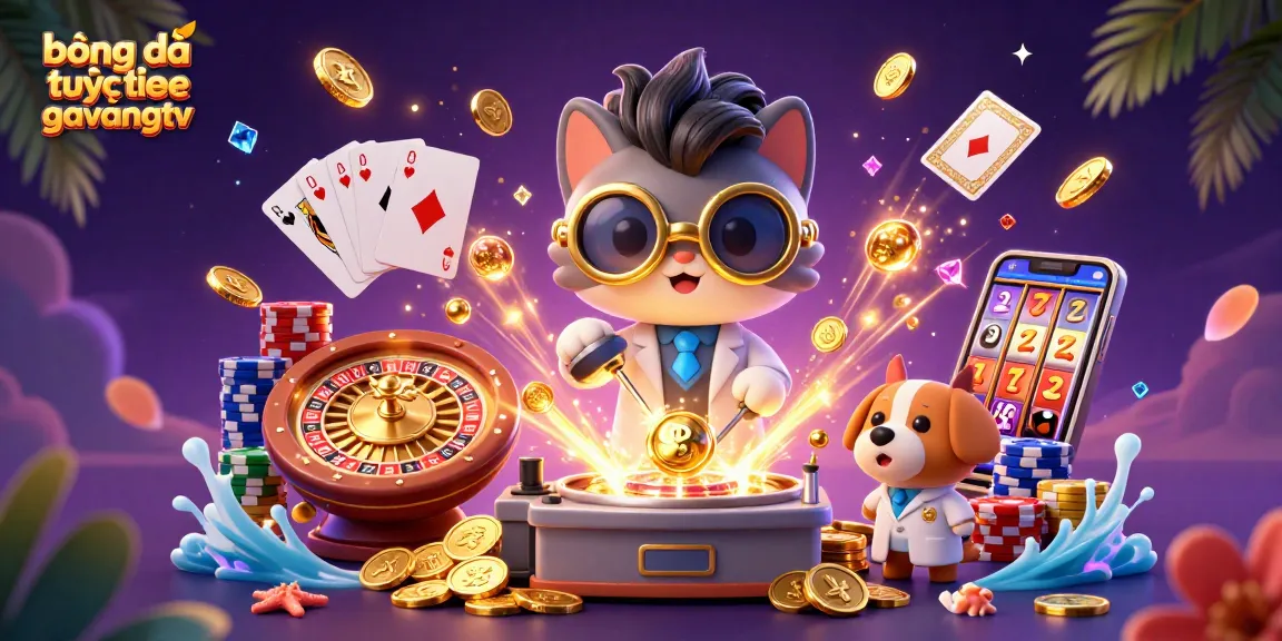 Bóng đá trực tuyến gavangtv brings excitement with a dynamic casino scene featuring a mad scientist cat and dog.