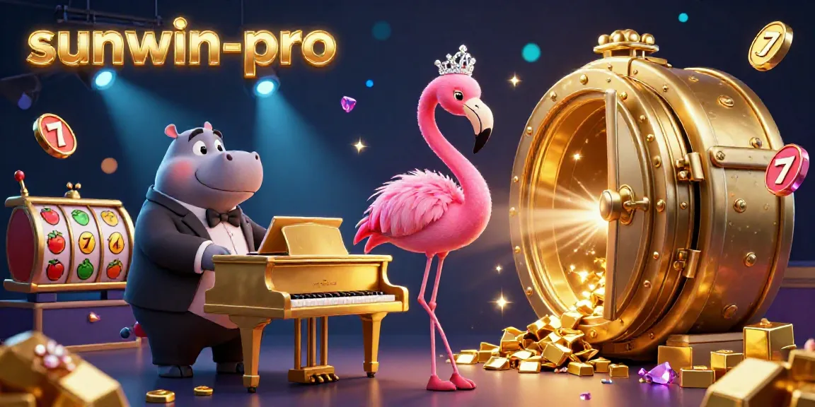 Engage with sunwin-pro at this vibrant casino scene featuring a flamingo singer and hippo bassist surrounded by gold and slot game elements.