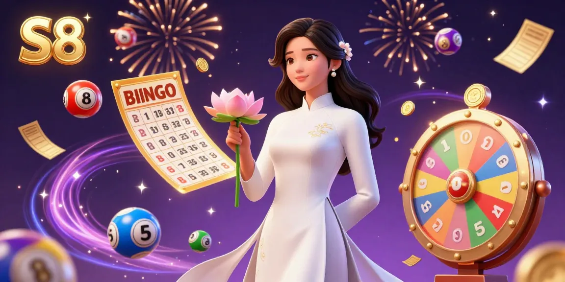 S8 offers dynamic lottery games with vibrant balls and a celebratory atmosphere in this casino illustration.