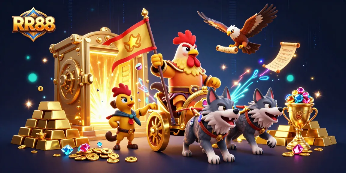 RR88 showcases epic gameplay with a golden war chariot, vibrant gems, and thrilling casino elements.