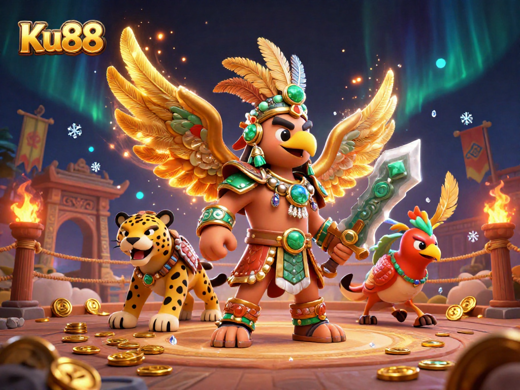 Experience Ku88's thrilling world with vibrant Aztec warriors and golden gaming elements.