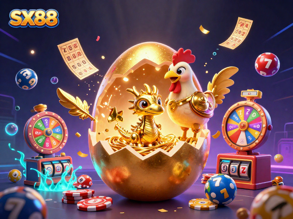 SX88 features a golden dragon emerging from a nest of poker chips, surrounded by colorful lottery elements.