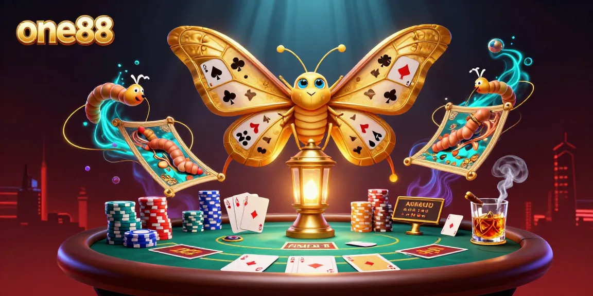 Experience thrilling moments with one88 illustrated in vivid casino scenes and golden moths.