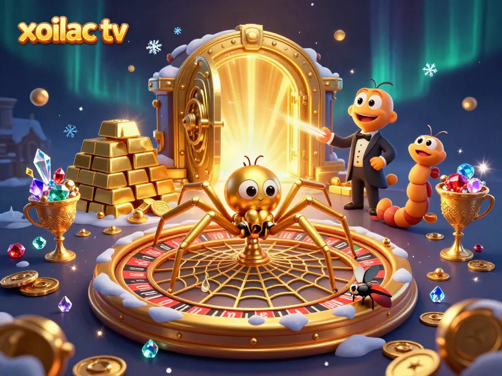 Xoilac TV's live betting scene features a spider spinning a roulette web and a fly nervously placing bets.
