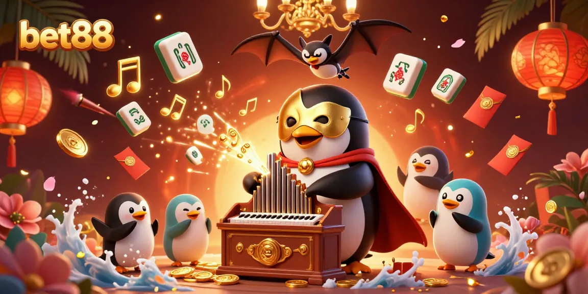 Experience the thrill of bet88 as the phantom penguin plays an organ showering coins, surrounded by vibrant casino elements.