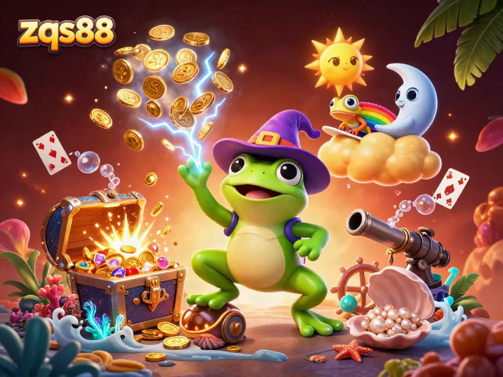 Experience thrilling gameplay at zqs88 with our enchanted frog and chameleon celebrating wins.