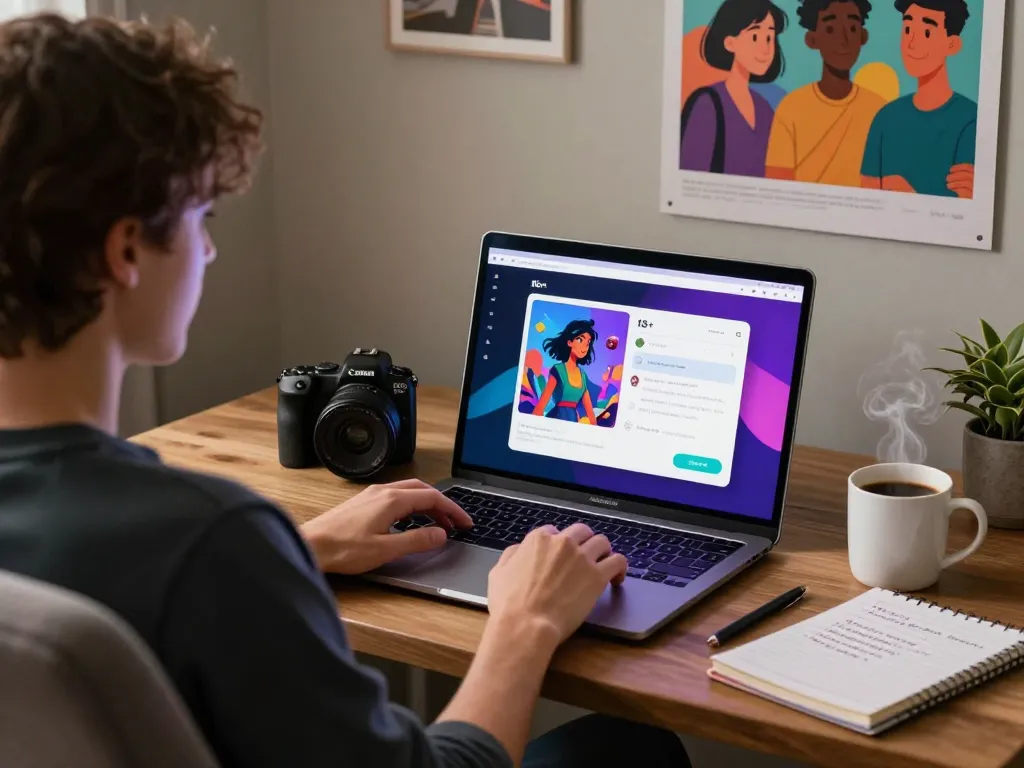 Engaging 18+ ai chat scene showcasing vibrant character designs on a laptop in a cozy workspace.