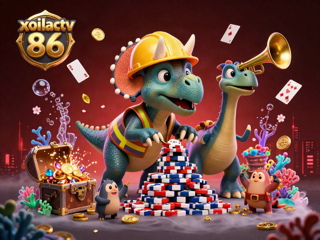 Celebrate the energy of gambling with this vibrant 3D scene featuring xoilactv 86 and animated characters in a casino-inspired environment.