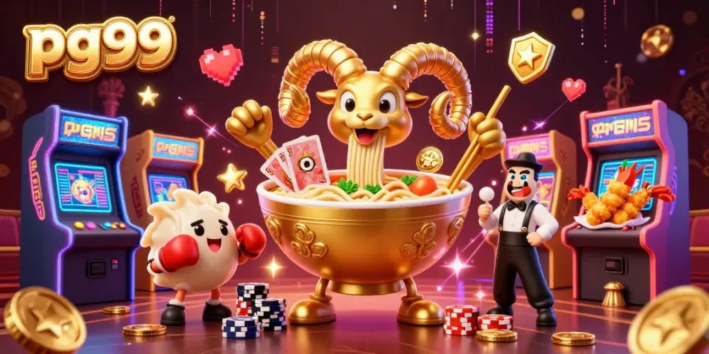 Experience the vibrant casino scene of pg99, featuring a giant ramen bowl dealer amidst 3D arcade elements.