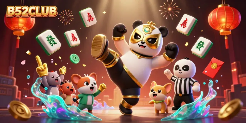 B52CLUB showcases an energetic scene with a panda wrestler and cheering animal fans in a vibrant casino setting.