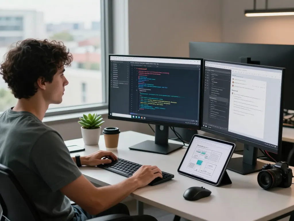 Clawd bot workspace featuring developer coding in a modern office with Clawdbot interface on screens.