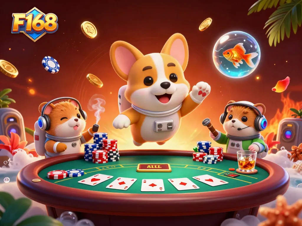 Experience the thrilling F168 gaming scene with vibrant poker elements and a creative 3D design.