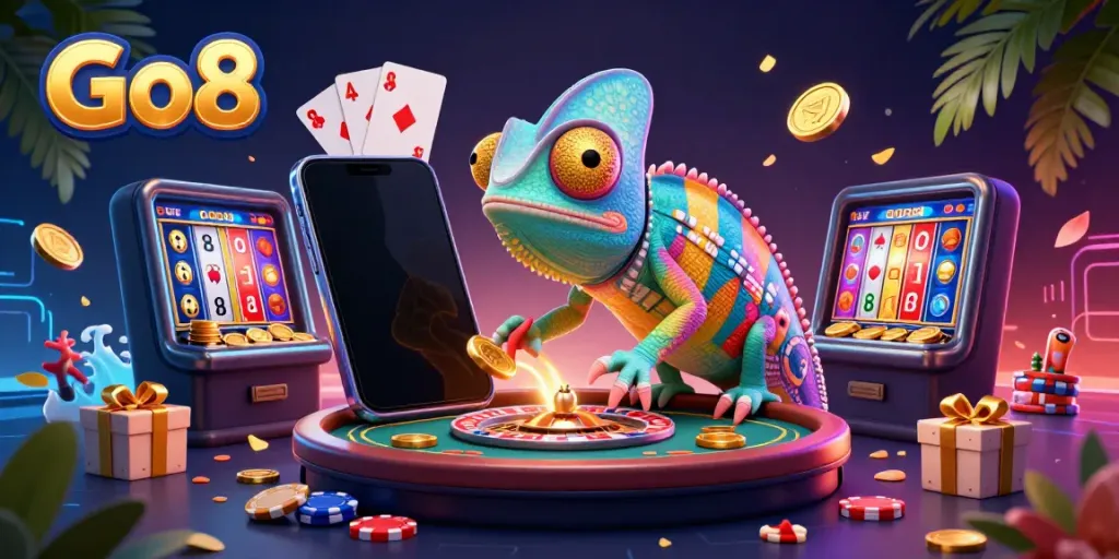 Engage with Go8's vibrant casino experience featuring a colorful chameleon owner and dynamic game elements.